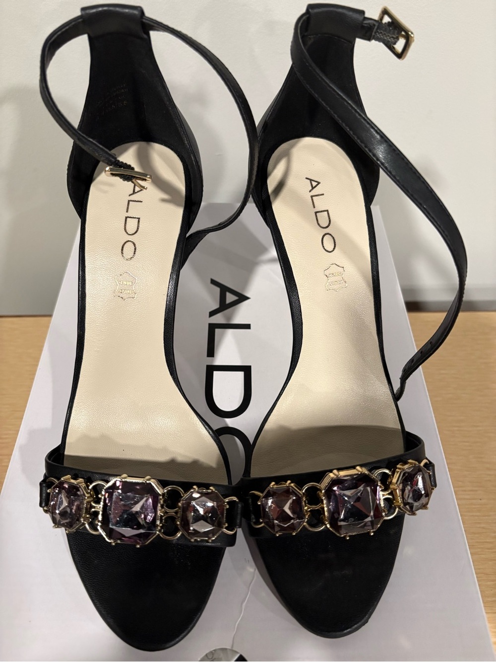ALDO Black Open-Toe Jeweled Ankle Strap Heels